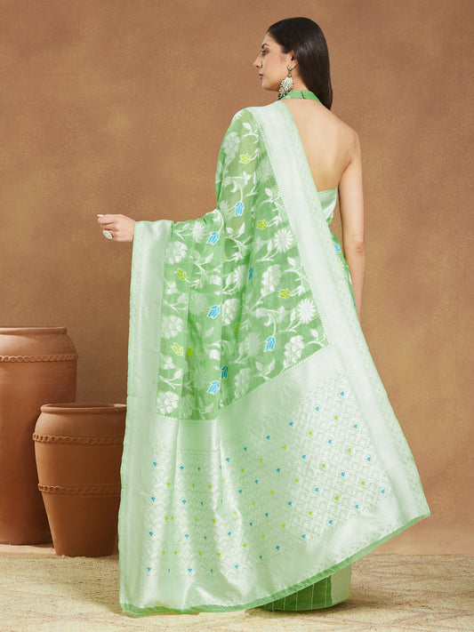 Janasya Light Green Silk Blend Floral Jacquard Grab2Buy