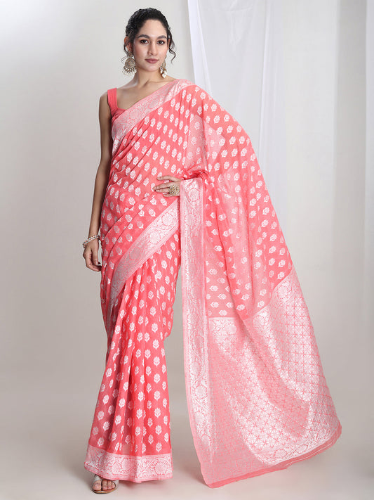 Janasya Coral Silk Blend Floral Jacquard Grab2Buy