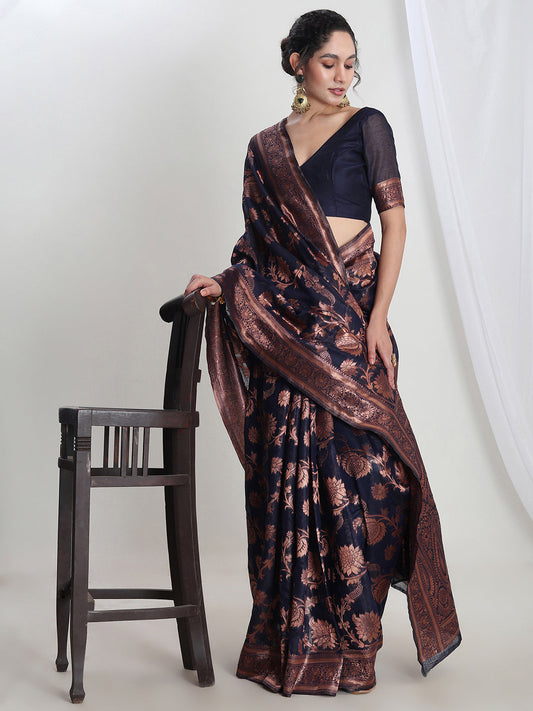 Janasya Navy Blue Silk Blend Floral Jacquard Grab2Buy