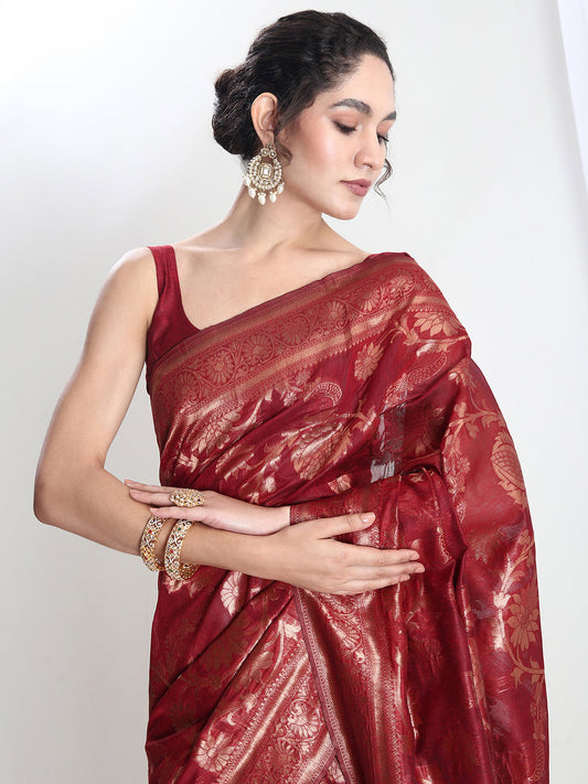 Janasya Red Silk Blend Floral Jacquard Grab2Buy