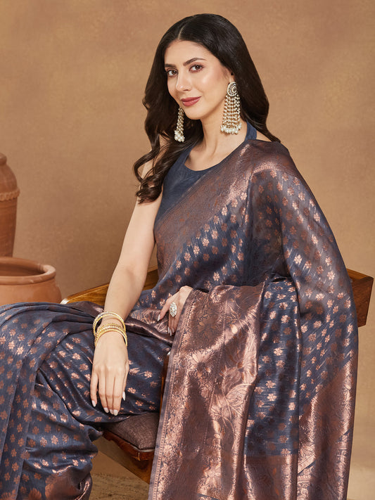 Janasya Dark Grey Silk Blend Floral Jacquard Grab2Buy