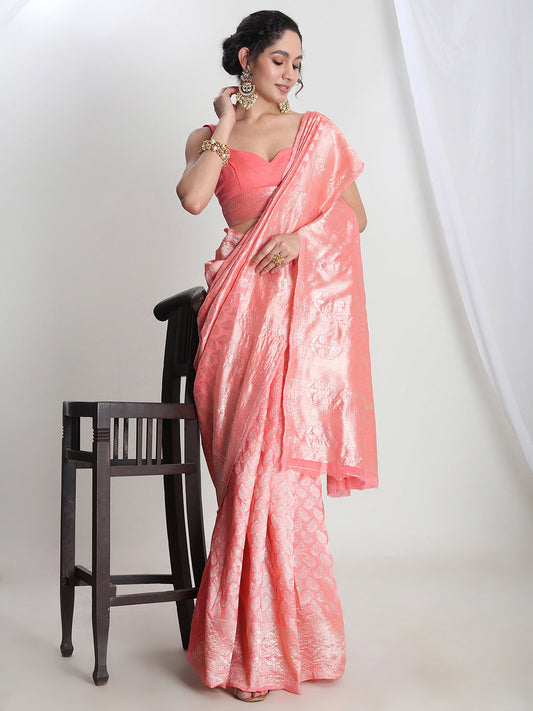 Janasya Peach Silk Blend Leaf Motifs Jacquard Grab2Buy