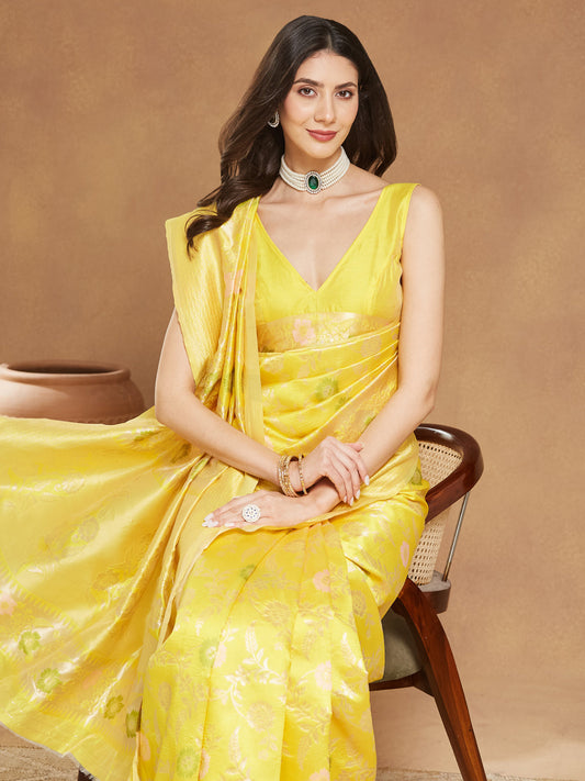 Janasya Yellow Silk Blend Floral Jacquard Grab2Buy