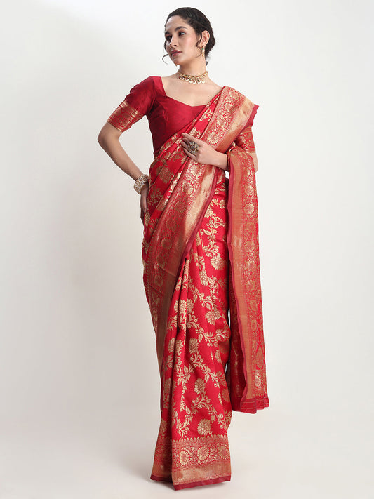 Janasya Red Silk Blend Floral Jacquard Grab2Buy