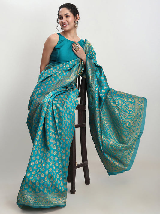 Janasya Turquoise Silk Blend Ethnic Motifs Jacquard Grab2Buy