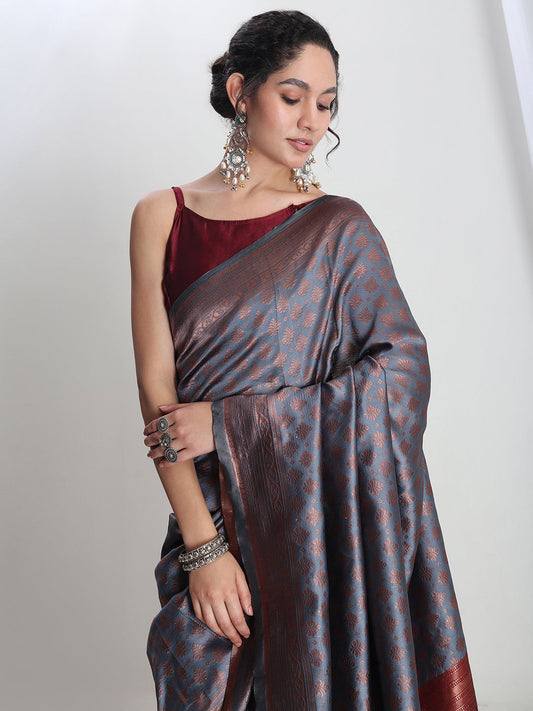 Janasya Grey Silk Blend Ethnic Motifs Jacquard Grab2Buy