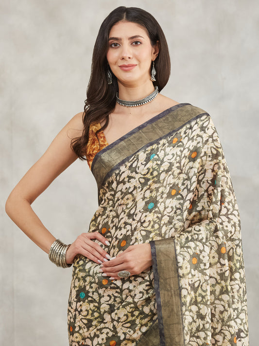 Janasya Olive Green Silk Blend Floral Printed Grab2Buy