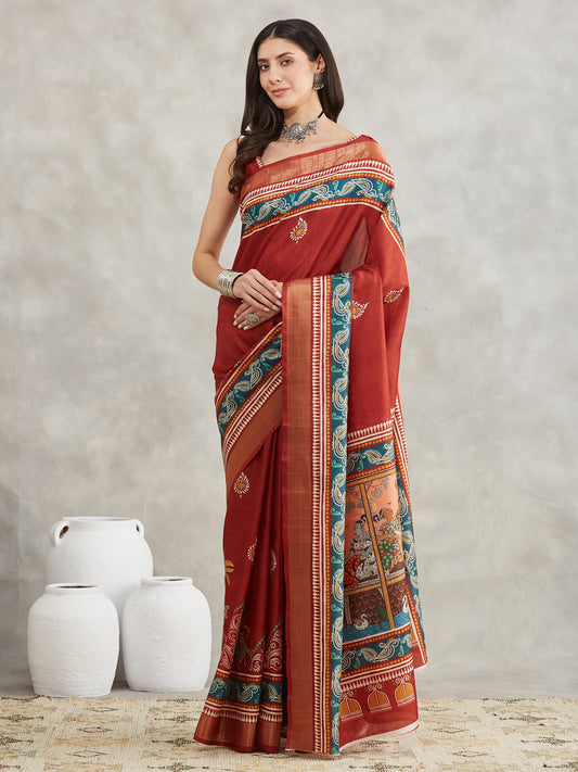 Janasya Rust Silk Blend Paisley Printed Grab2Buy