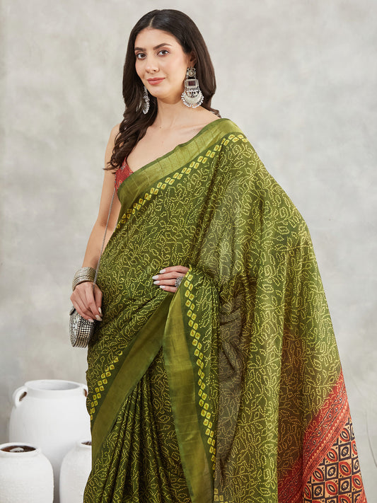 Janasya Mehndi Green Silk Blend Bandhani Printed Grab2Buy