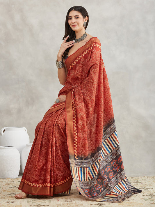 Janasya Rust Orange Silk Blend Bandhani Printed Grab2Buy