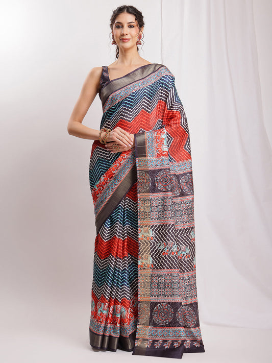 Janasya Multicolor Silk Blend Chevron Printed Grab2Buy