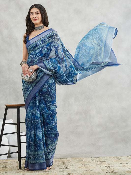 Janasya Blue Linen Blend Paisley Printed Grab2Buy