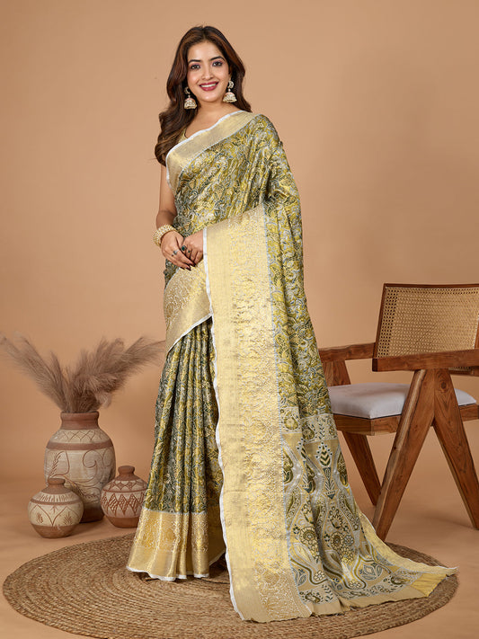 Dwija Fashion Green Wedding Wear Jari Weaving Kanjivaram Silk Saree With Unstitched Blouse