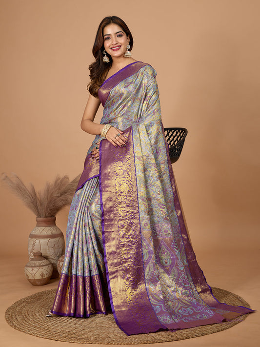 Dwija Fashion Purple Wedding Wear Jari Weaving Kanjivaram Silk Saree With Unstitched Blouse