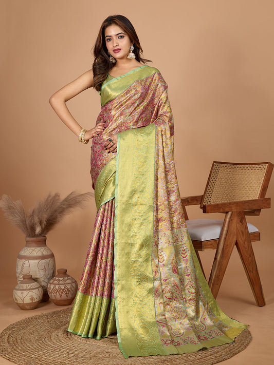 Dwija Fashion Rose Pink Wedding Wear Jari Weaving Kanjivaram Silk Saree With Unstitched Blouse
