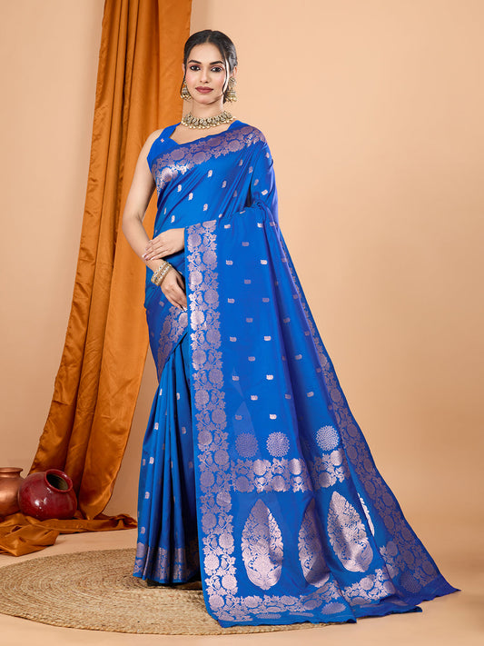Dwija Fashion Blue Party Wear Banarsi Silk With Jari Weaving Work Saree With Unstitched Blouse