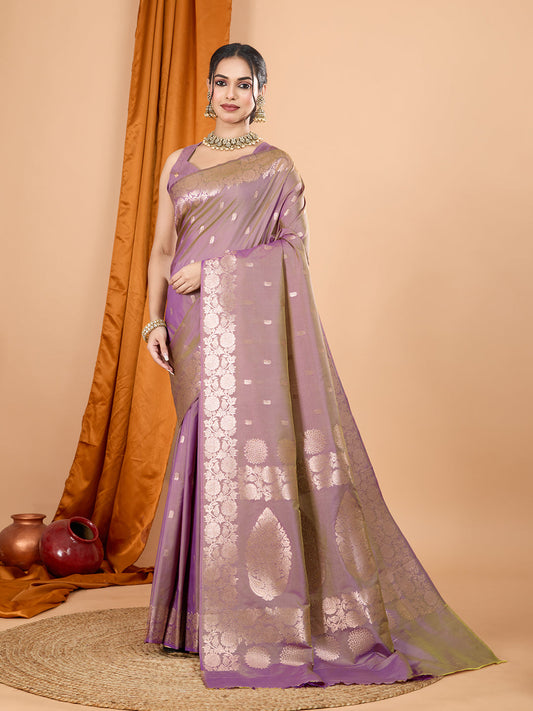 Dwija Fashion Lavender Party Wear Banarsi Silk With Jari Weaving Work Saree With Unstitched Blouse