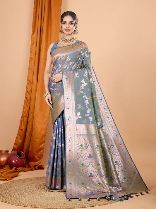 Dwija Fashion Blue Party Wear Banarsi Silk With Jari Weaving Work Saree With Unstitched Blouse