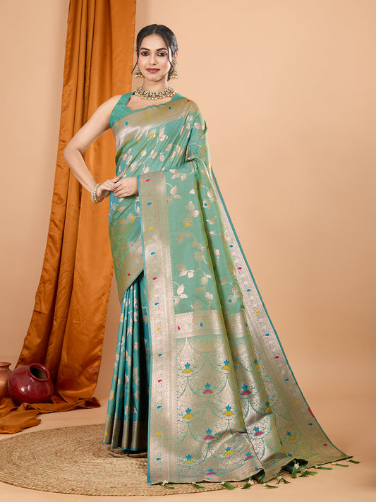 Dwija Fashion Green Party Wear Banarsi Silk With Jari Weaving Work Saree With Unstitched Blouse