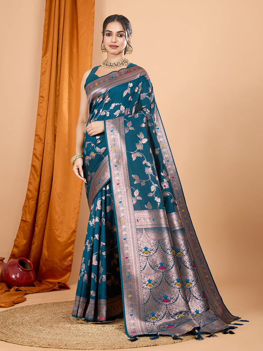 Dwija Fashion Teal Blue Party Wear Banarsi Silk With Jari Weaving Work Saree With Unstitched Blouse