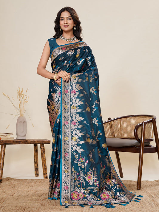Dwija Fashion Teal Blue Wedding Wear Satin Paithani Jari Motifs Work With Unstitched Blouse