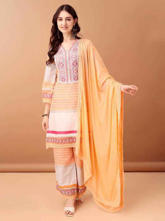 Embroidered & Printed Kurta With Pant & Dupatta Premium, Orange - Hiral Fashion