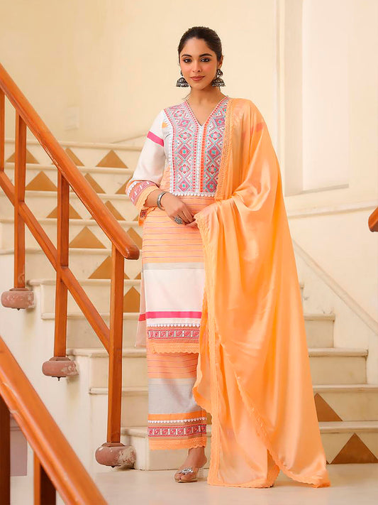 Embroidered & Printed Kurta With Pant & Dupatta Premium, Multicolor - Hiral Fashion
