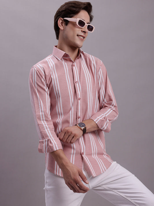 Jainish Men's Striped Casual Shirt - Coral