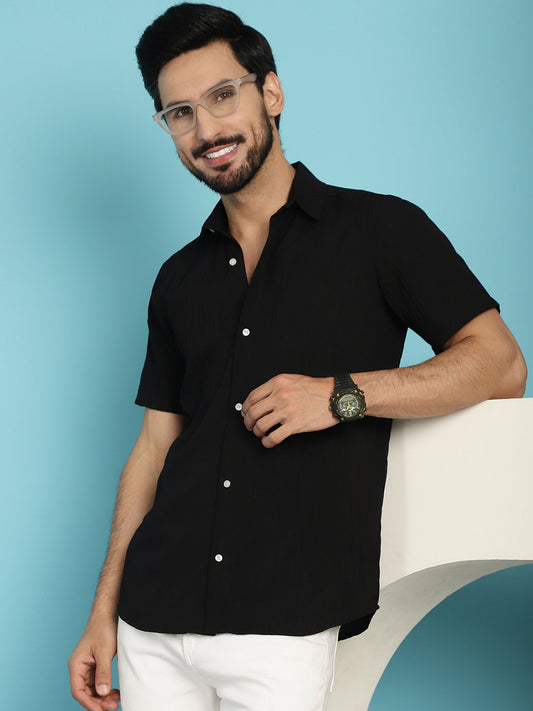 Indian Needle Men's Striped Casual Shirt - Black | Swadesiicart