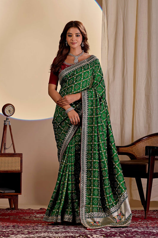 Dwija Fashion Women'S Party Wear Embroidery Vichitra Cp Designer Saree With Unstitched Blouse-Green