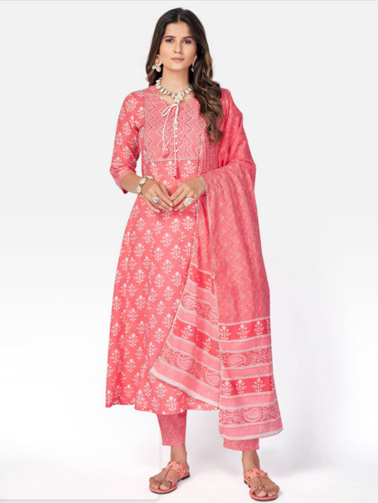 NOZ2TOZ Women Pink Anarkali Cotton Kurta With Pant & Dupatta (3pcs Set)