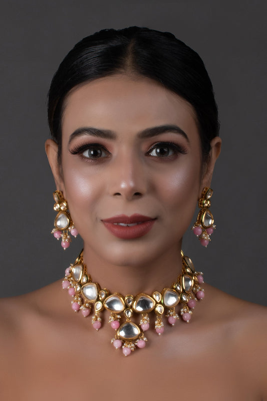 Peryl Women's Pearl & Pink Beaded Gold Tone Kundan Inspired Necklace With Earrings - Grab2buy