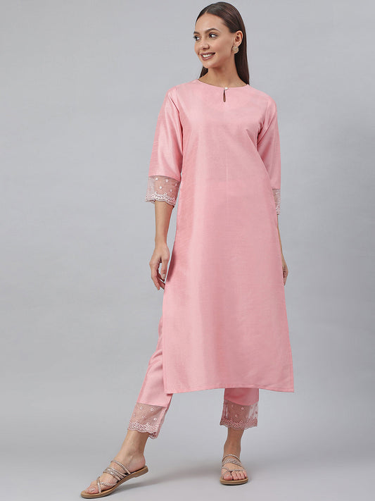 Janasya Pink Poly Silk Solid Set