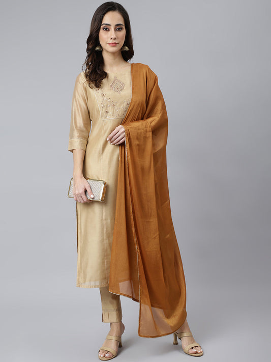Janasya Women's Beige Chanderi Silk Solid Kurta With Pant And Dupatta