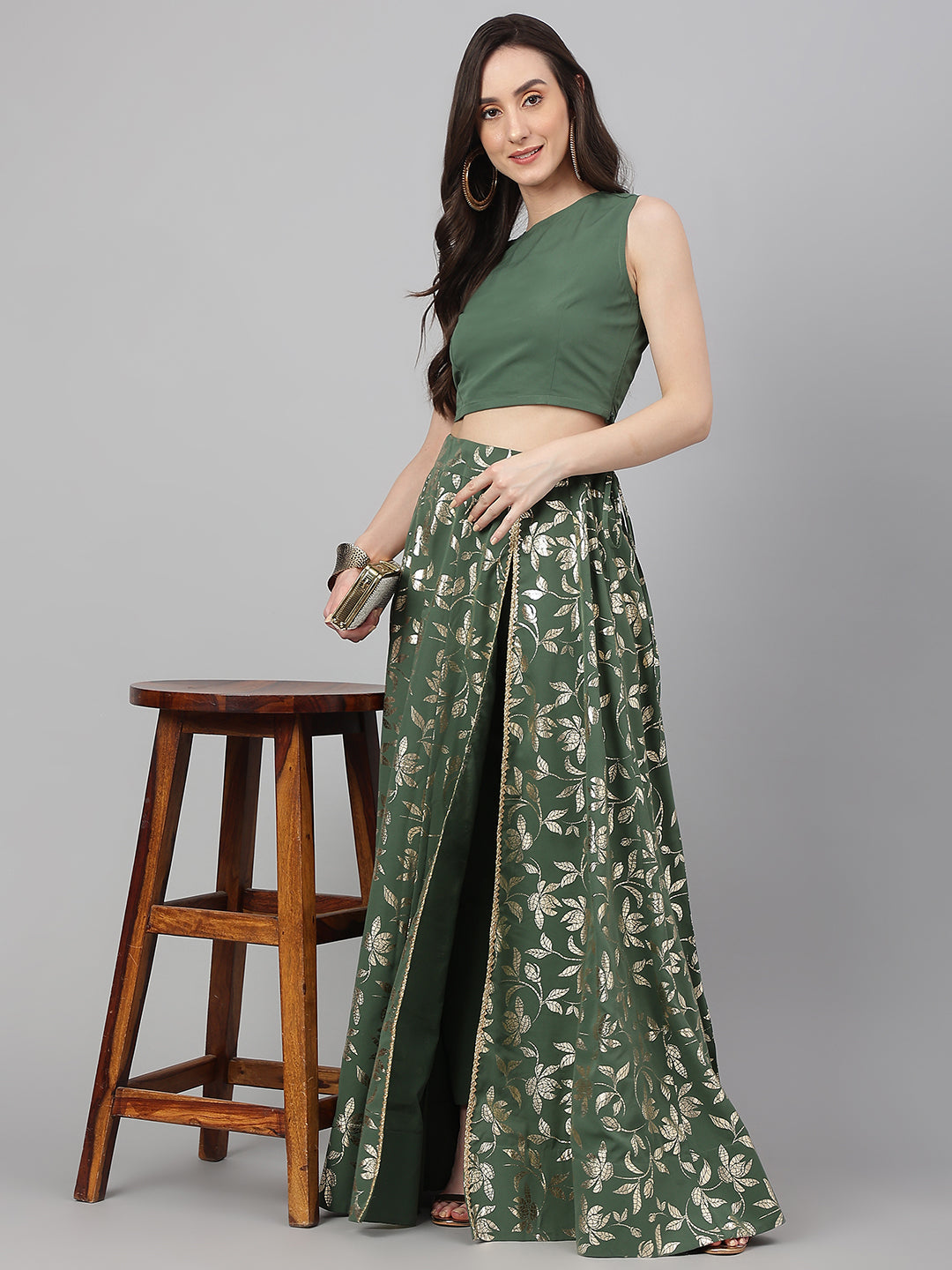 Janasya Women's Olive Green Crepe Solid Lehenga Choli With Pant - Grab2buy