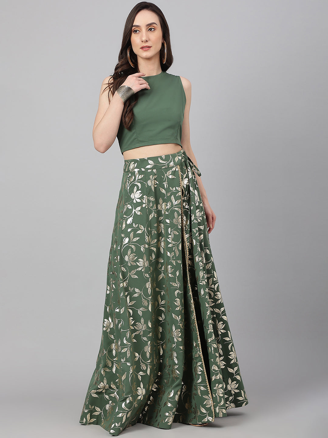 Janasya Women's Olive Green Crepe Solid Lehenga Choli With Pant - Grab2buy