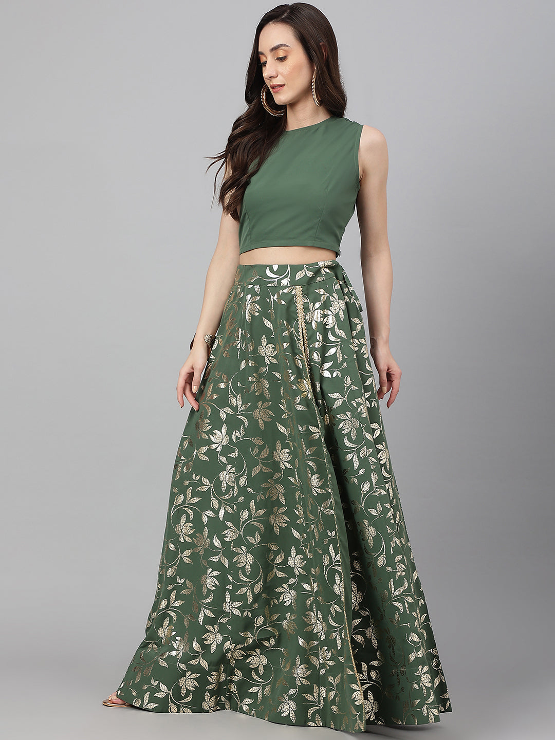 Janasya Women's Olive Green Crepe Solid Lehenga Choli With Pant - Grab2buy