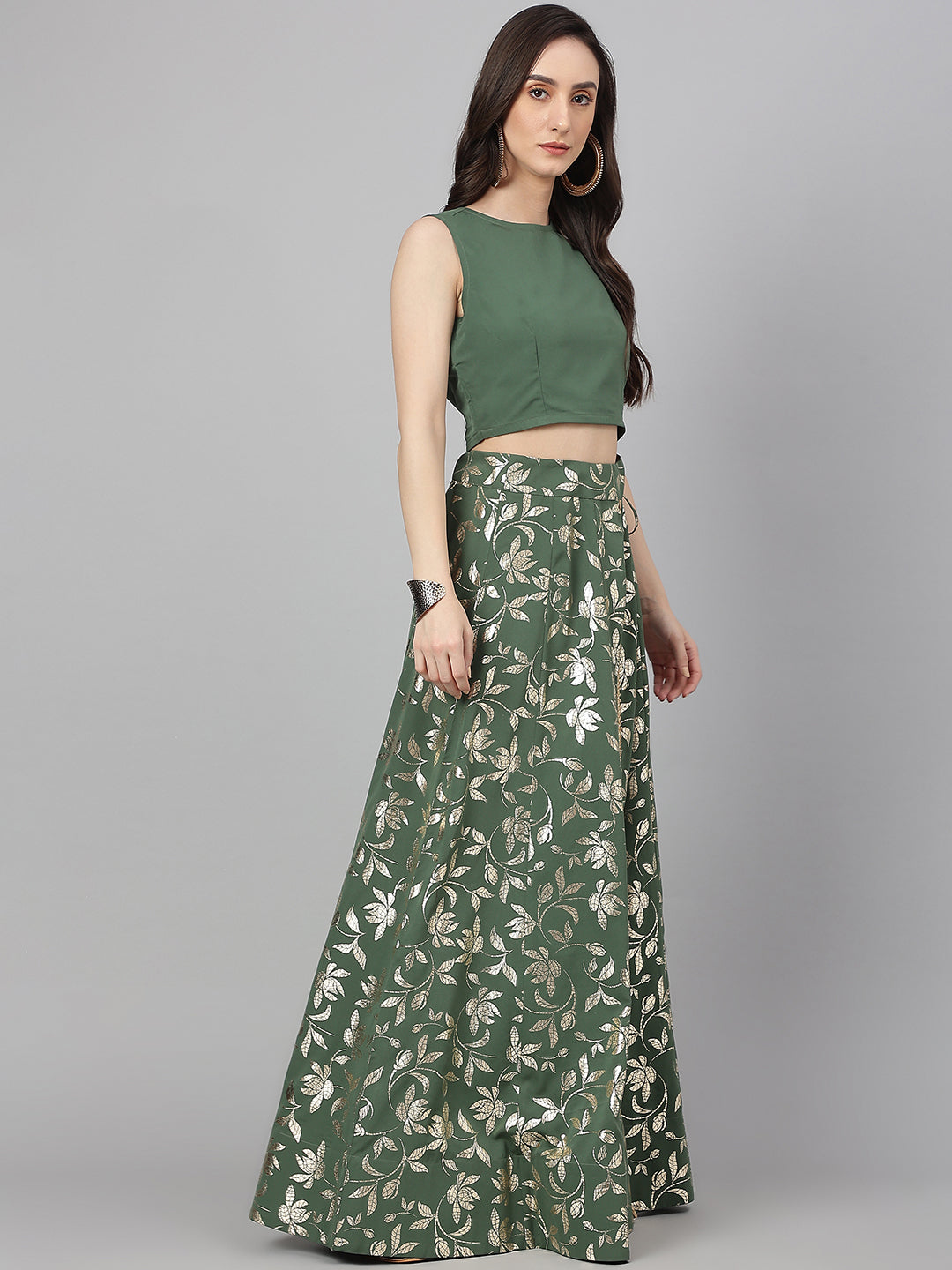 Janasya Women's Olive Green Crepe Solid Lehenga Choli With Pant - Grab2buy