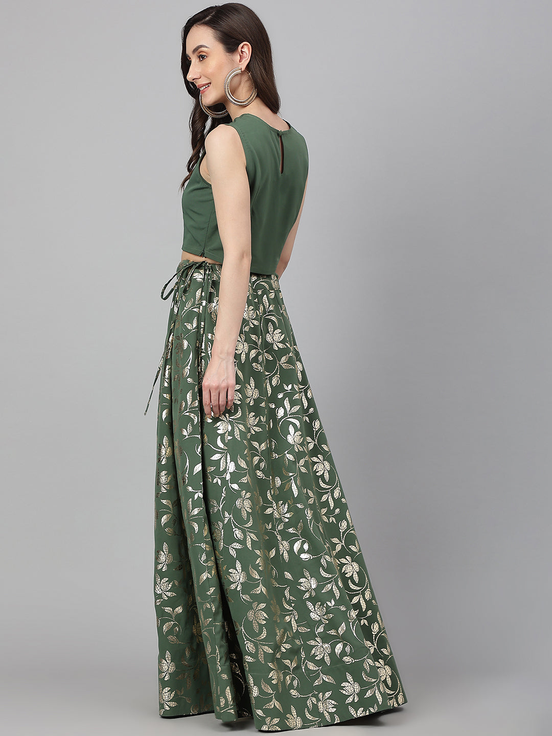 Janasya Women's Olive Green Crepe Solid Lehenga Choli With Pant - Grab2buy