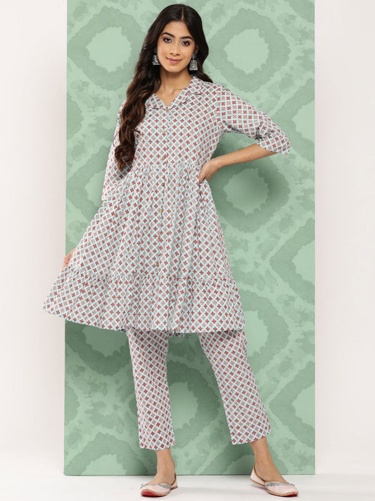 Janasya Women's Sky Blue Cotton Ethnic Motifs Gathered Casual Kurta Set