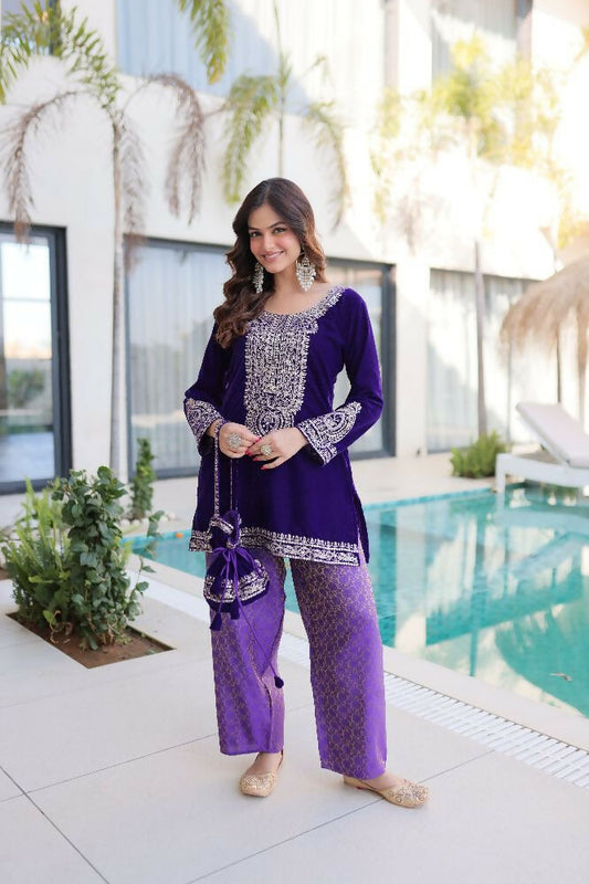 Joban Fashion Purple Kurta Set Velvet Sequins , Zari, Coding & Thread Embroidered work