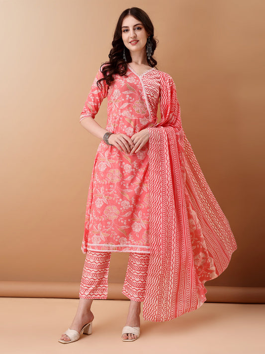 Angrakha Style Floral Printed A-Line Kurta With Pant & Dupatta, Pink - Hiral Fashion