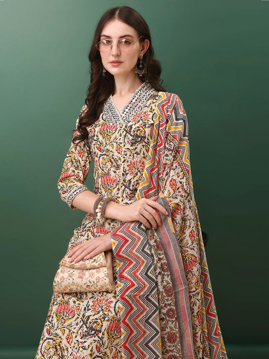 Sequined & Mirror Embroidered & Printed Kurta With Pant & Dupatta, Cream - Hiral Fashion