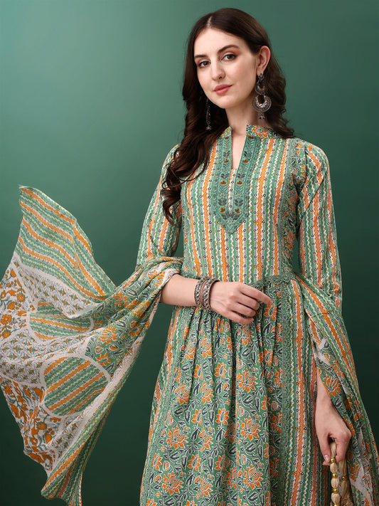 Nyra Cut Embroidered & Printed With Lace Detailing Kurta With Pant & Dupatta, Green - Hiral Fashion