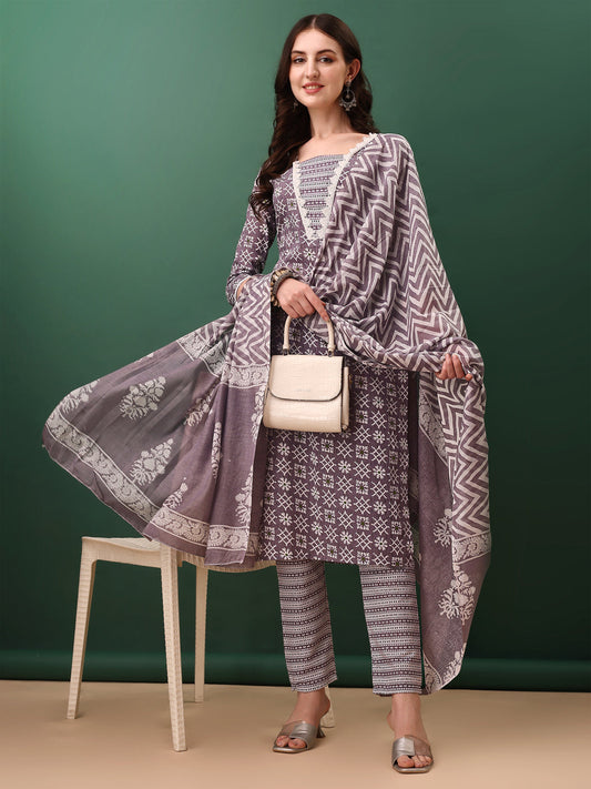 Ethnic Motifs Printed Kurta With Lace Detailing And Pant & Dupatta, Lavender - Hiral Fashion