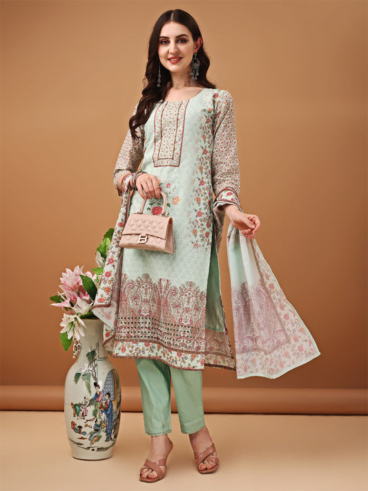 Hand Embroidered,Schiffli & Printed Kurta With Pant & Printed Dupatta, Green - Hiral Fashion