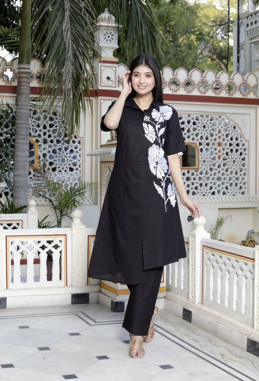 Miravan Women's Black Pure Cotton Floral Embroidered High Low Co-Ord Set