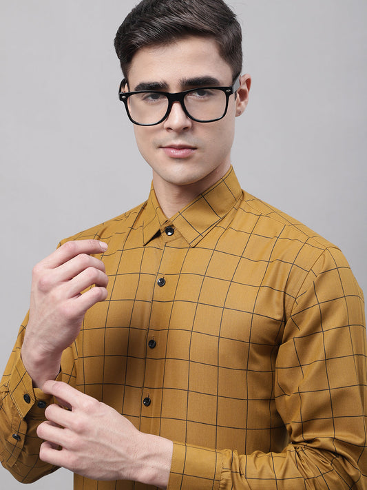 Jainish Men's Mustard Cotton Checked Formal Shirt