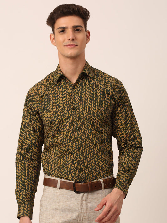 Jainish Men's Cotton Printed Formal Shirts ( SF 821Olive )