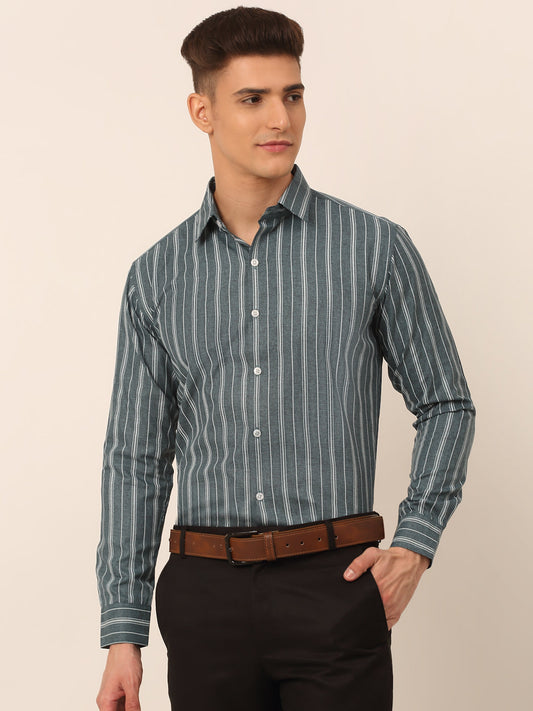 Jainish Men's Grey & White Classic Striped Formal Shirt